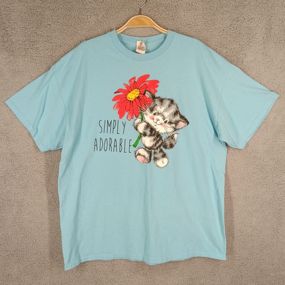 Vintage‎ Simply Adorable Kitten Graphic Print Tee XL Blue Gildan T-Shirt 90s